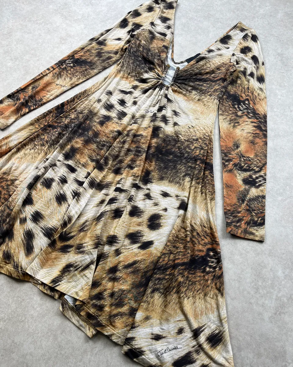2000s Cavalli Beige & Brown Leopard Ruched Dress - Image 4