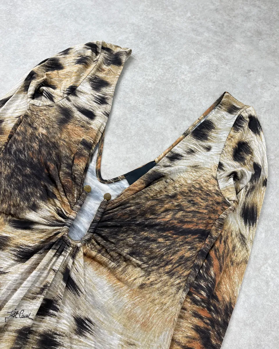 2000s Cavalli Beige & Brown Leopard Ruched Dress - Image 5