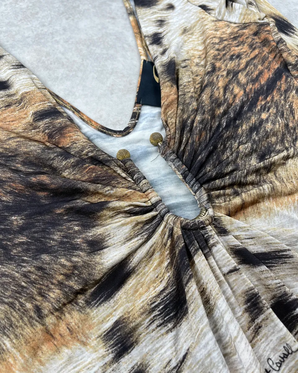 2000s Cavalli Beige & Brown Leopard Ruched Dress - Image 6