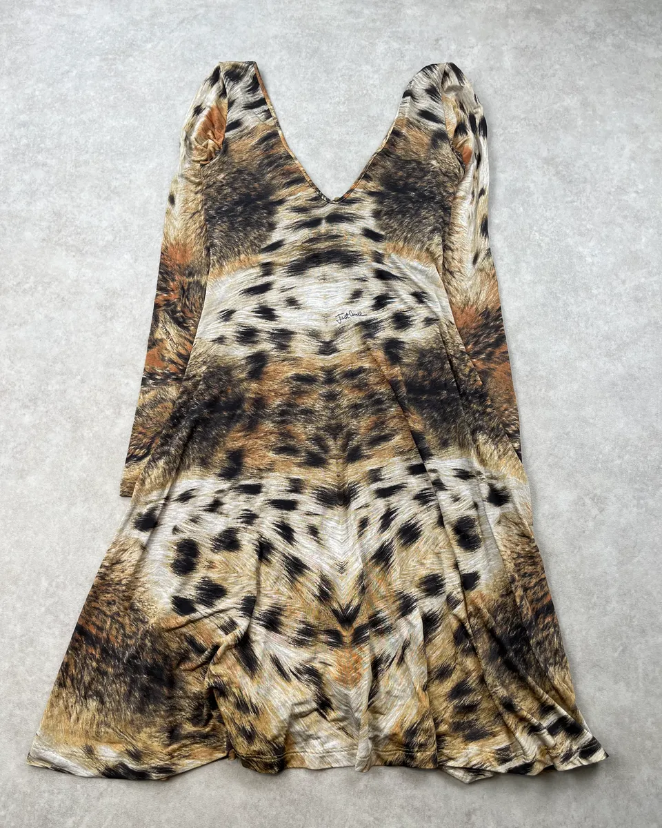 2000s Cavalli Beige & Brown Leopard Ruched Dress - Image 9