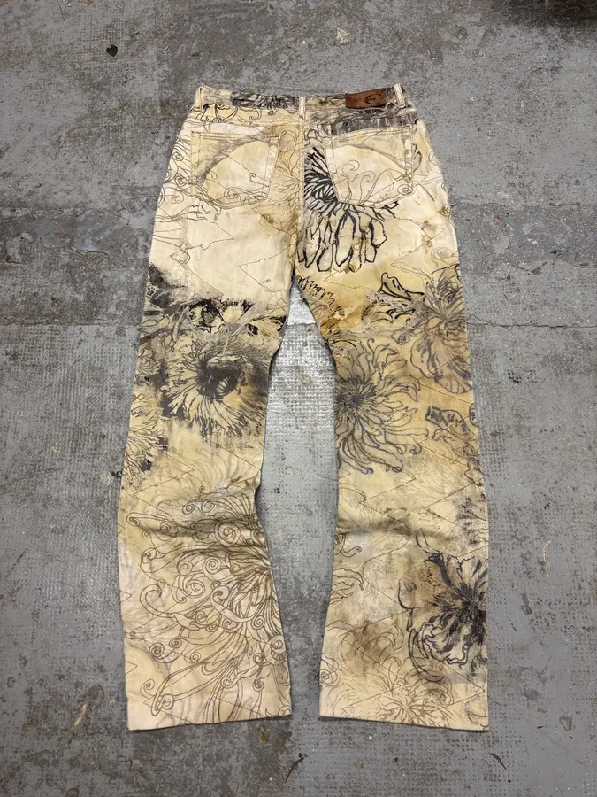 2000s Cavalli Beige Destructured Flowers Pants - Image 7