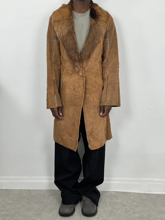2000s Cavalli Beige Fur Collar Leather Eroded Long Jacket - Image 2