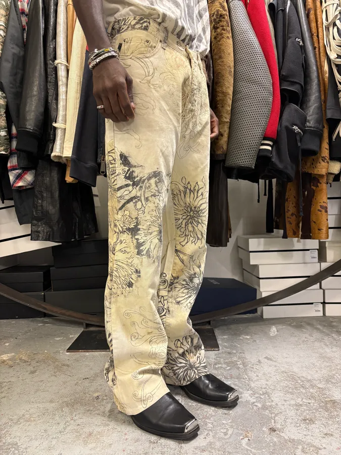 2000s Cavalli Beige Ink Flowers Pants - Image 3