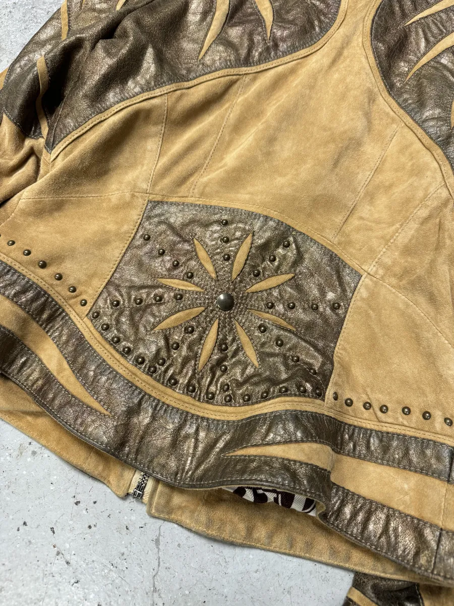 2000s Cavalli Biker Suede Camel Brown Leather Embroidered Jacket - Image 15