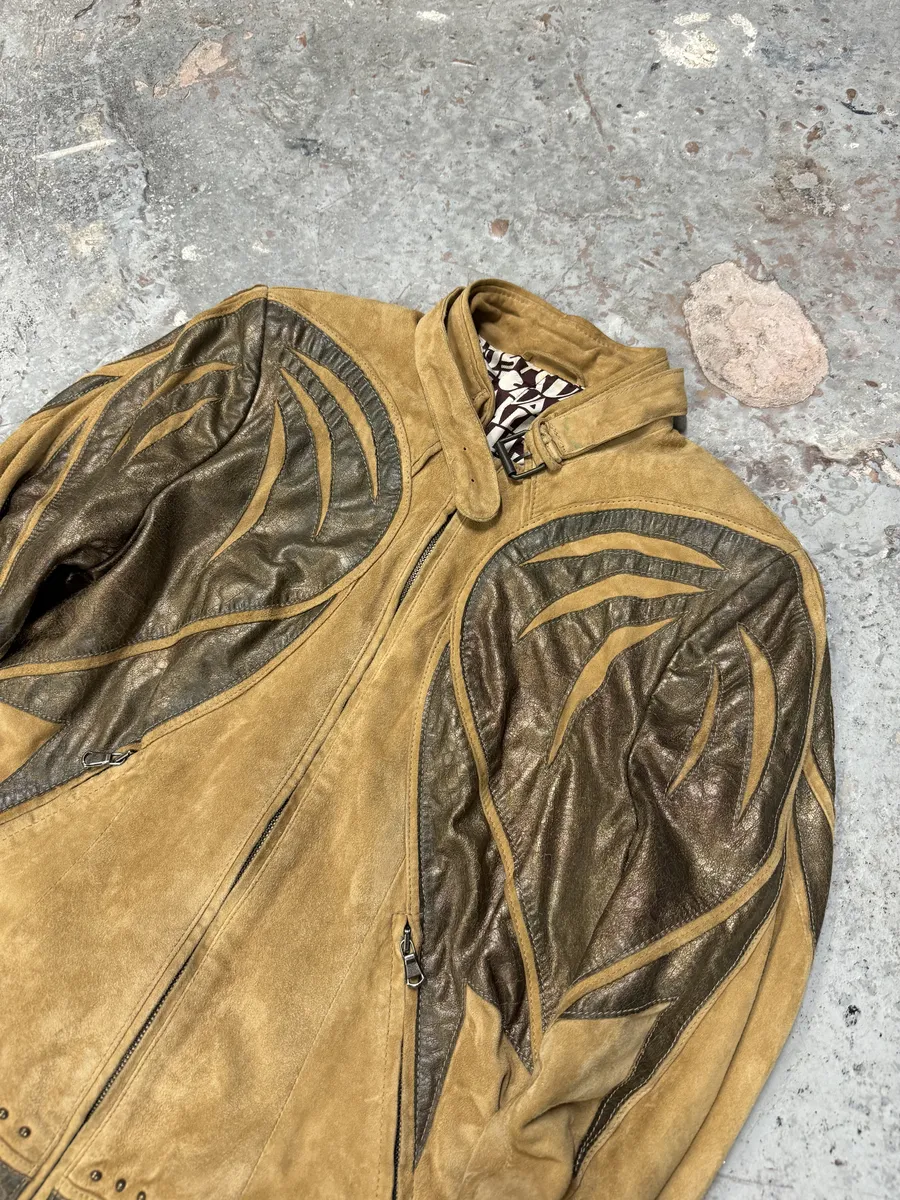 2000s Cavalli Biker Suede Camel Brown Leather Embroidered Jacket - Image 17