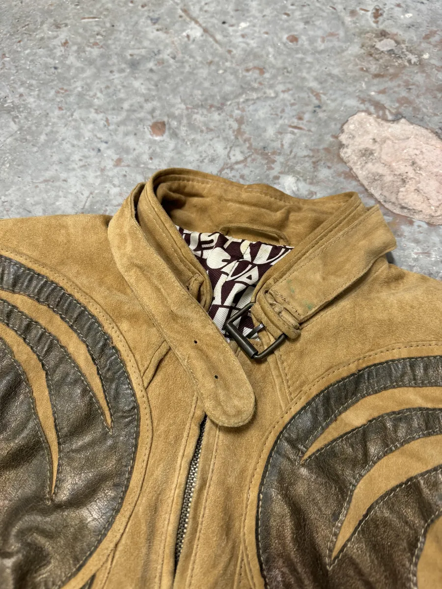 2000s Cavalli Biker Suede Camel Brown Leather Embroidered Jacket - Image 19