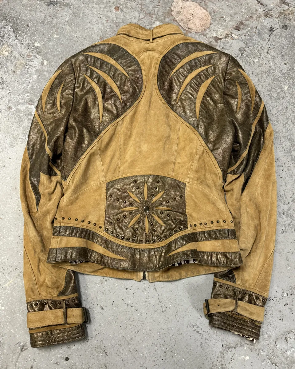 2000s Cavalli Biker Suede Camel Brown Leather Embroidered Jacket - Image 2