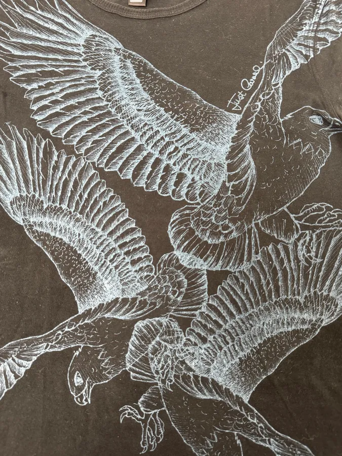 2000s Cavalli Black Blue Birds Print T-Shirt - Image 7