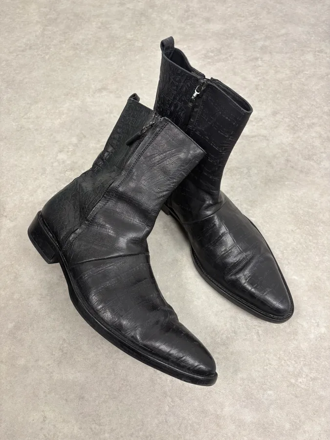 2000s Cavalli Black Crocodile Embossed Leather Boots - Image 5