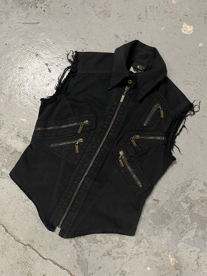 2000s Cavalli Black Denim Distressed Vest - Image 4