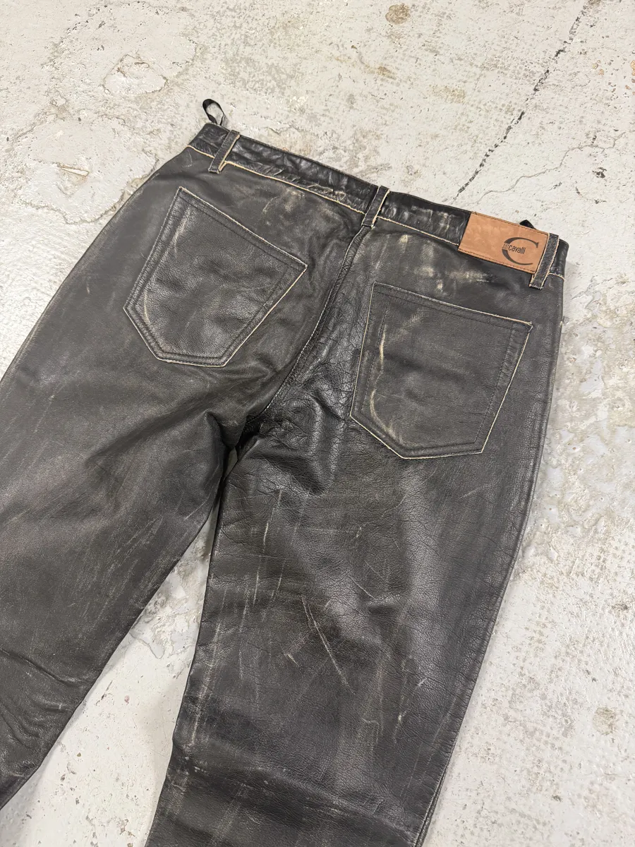 2000s Cavalli Black Eroded Leather Pants - Image 4