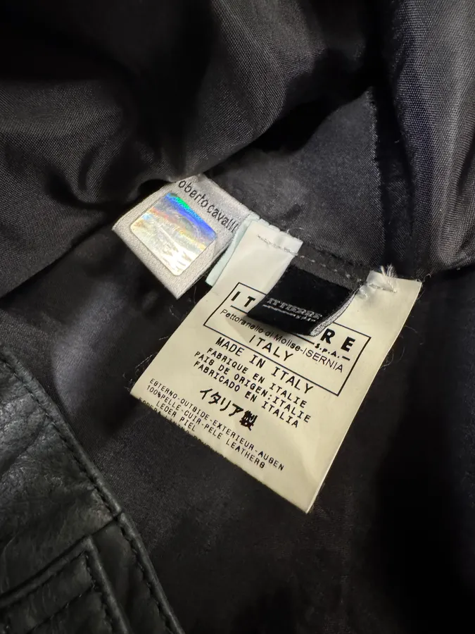 2000s Cavalli Black Leather Buttoned Jacket - Image 9