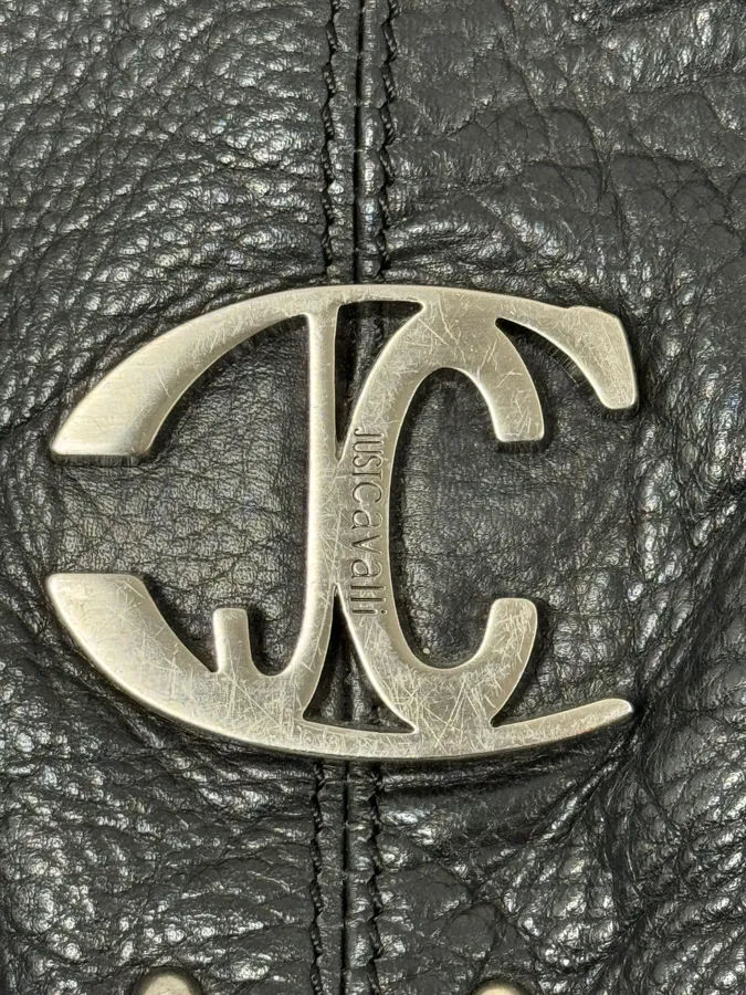2000s Cavalli Black Leather Studded Roller Handle Bag - Image 6