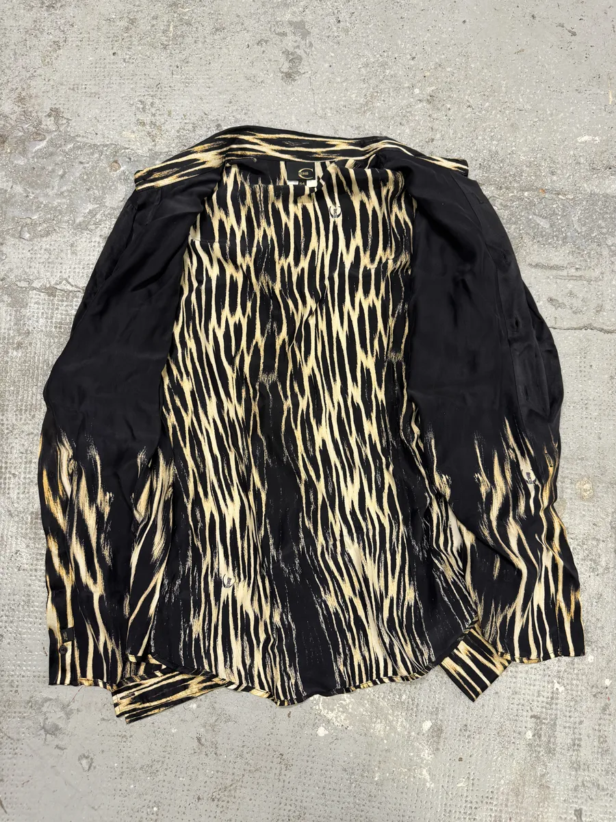2000s Cavalli Black Silk Guava Fire Shirt - Image 5