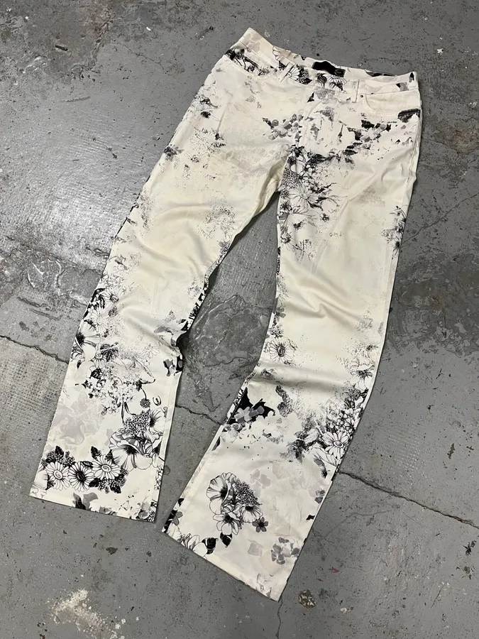 2000s Cavalli Black & White Floral Faded Paint Pants - Image 5