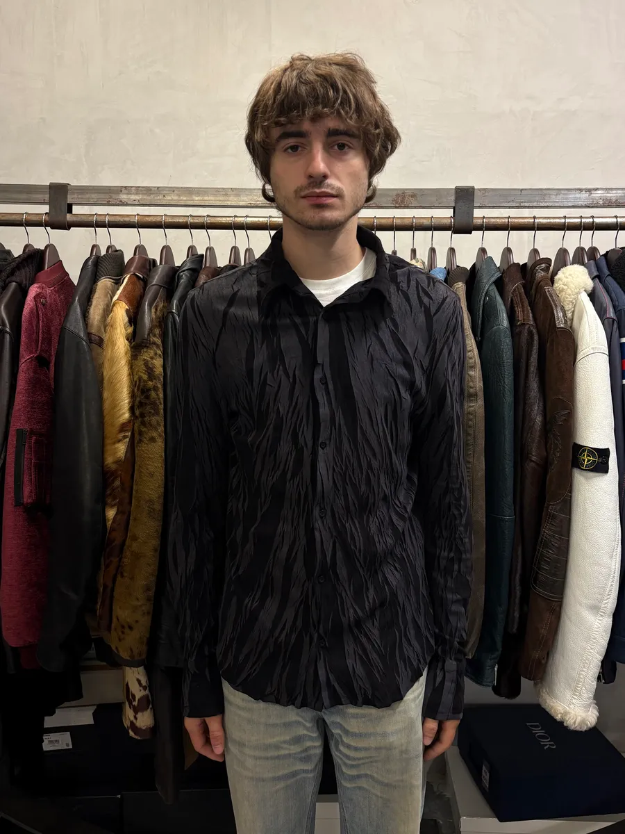 2000s Cavalli Black Wrinkle Effect Velvet Shirt - Image 2