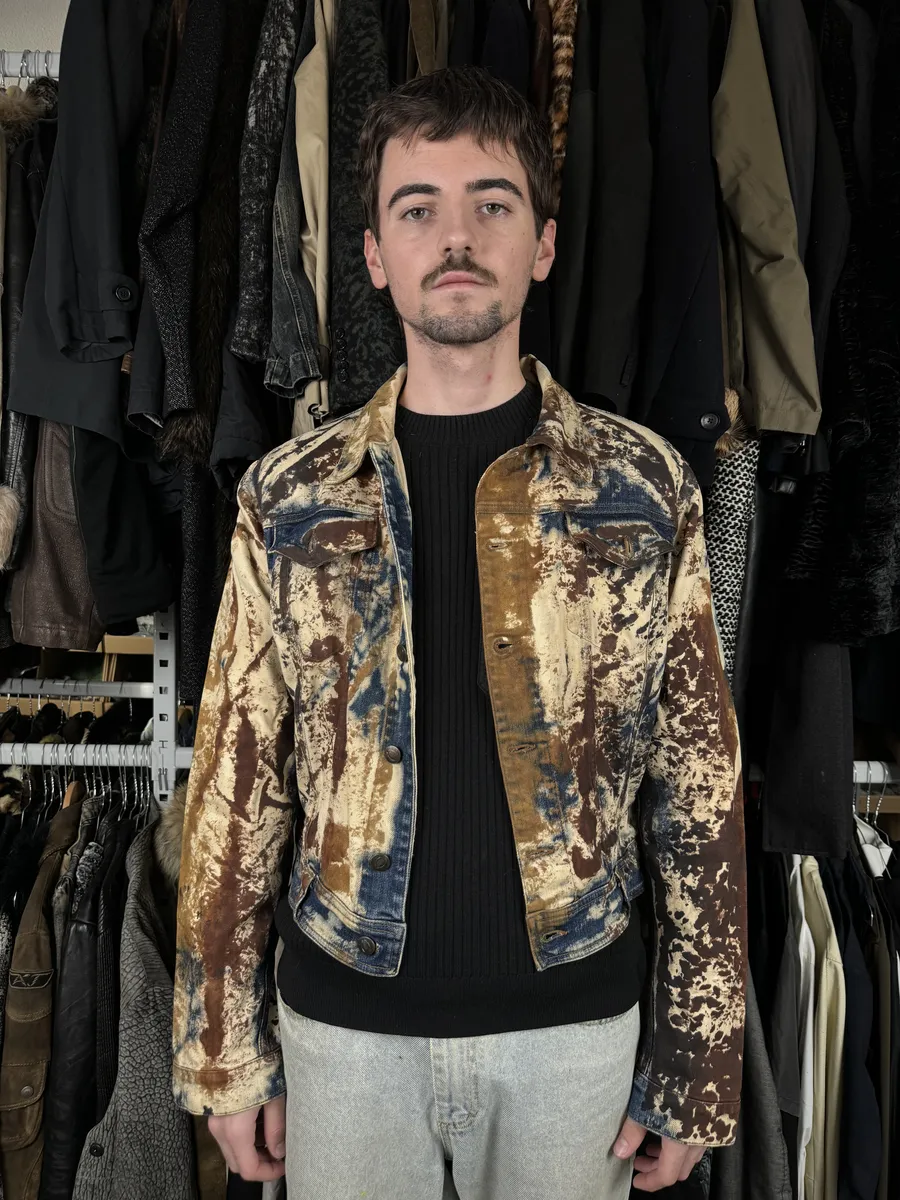 2000s Cavalli Blue World Rust Eroded Denim Jacket - Image 3