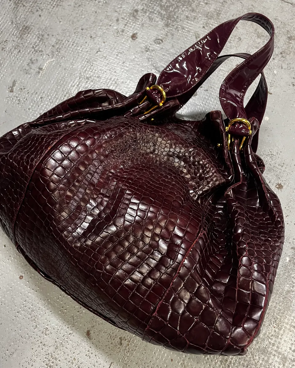 2000s Cavalli Bordeaux Crocodile Embossed Leather Handle Bag - Image 3