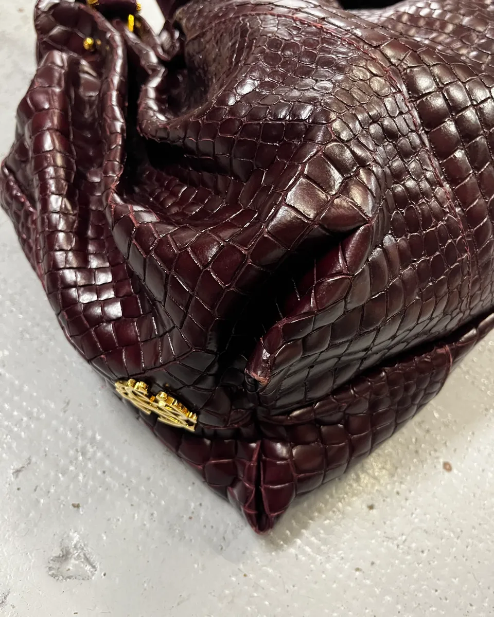 2000s Cavalli Bordeaux Crocodile Embossed Leather Handle Bag - Image 6