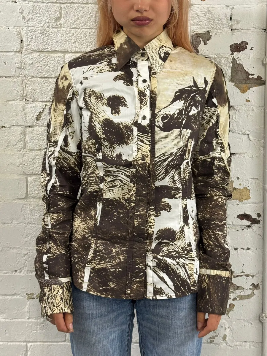 2000s Cavalli Brown & Beige Horse Ranch Shirt
