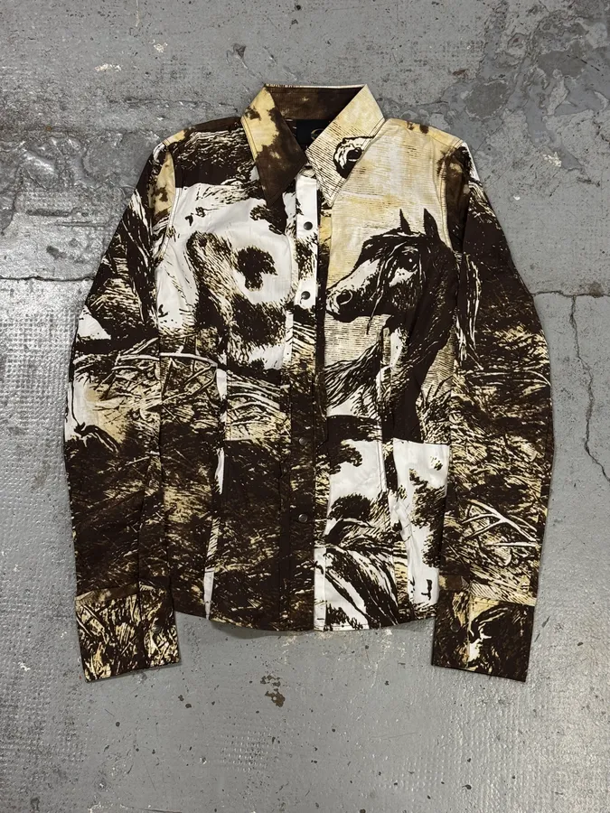2000s Cavalli Brown & Beige Horse Ranch Shirt - Image 3