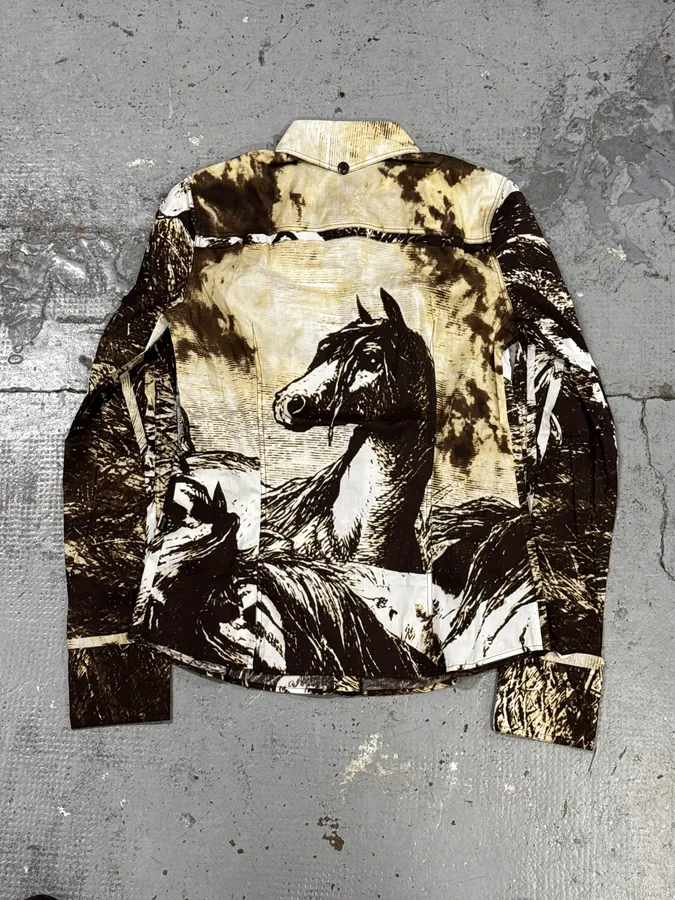 2000s Cavalli Brown & Beige Horse Ranch Shirt - Image 4