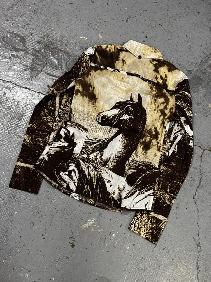 2000s Cavalli Brown & Beige Horse Ranch Shirt - Image 6