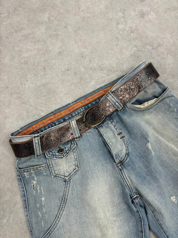 2000s Cavalli Brown Cracked Avant-Garde Textured Leather Belt