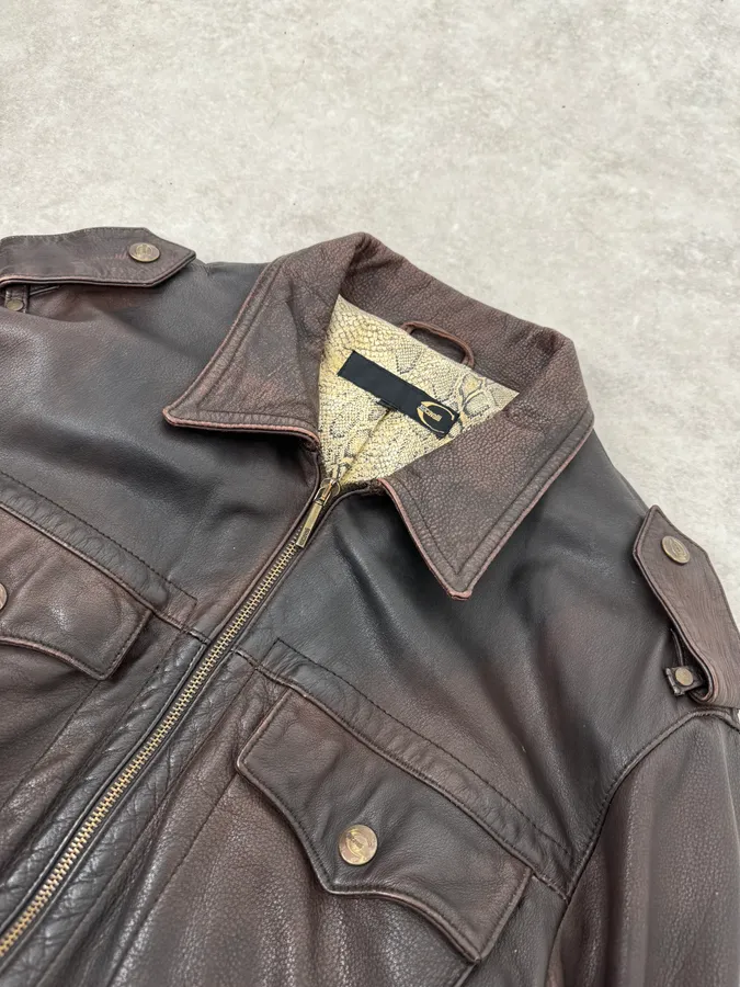 2000s Cavalli Brown Eroded Leather Buckle Jacket - Image 5