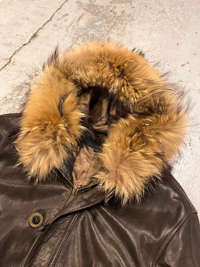 2000s Cavalli Brown Leather Fur Hooded Bomber Jacket - Image 5