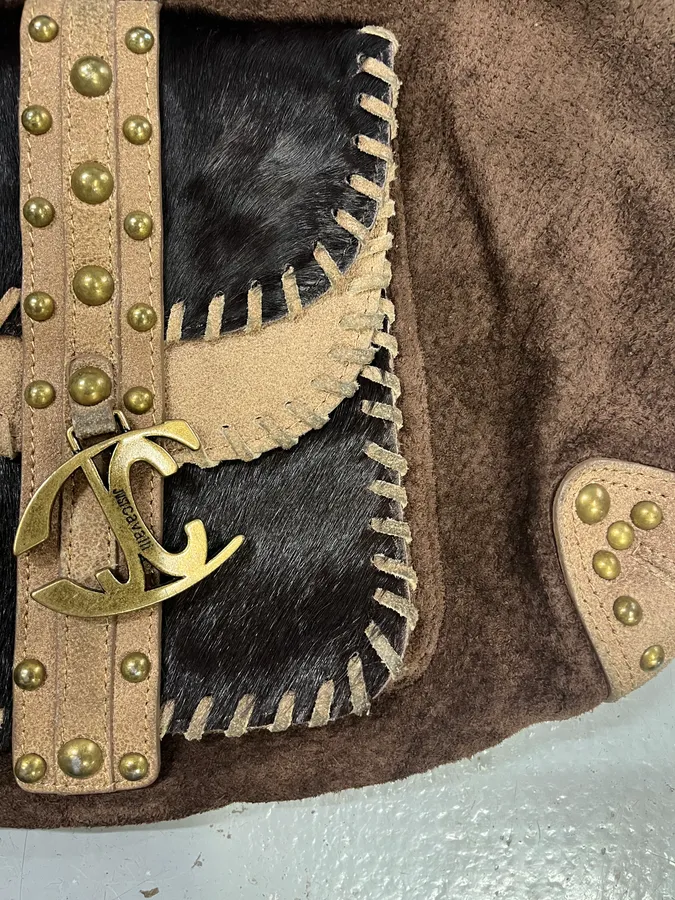 2000s Cavalli Brown Suede Leather & Fur Handle Bag - Image 4