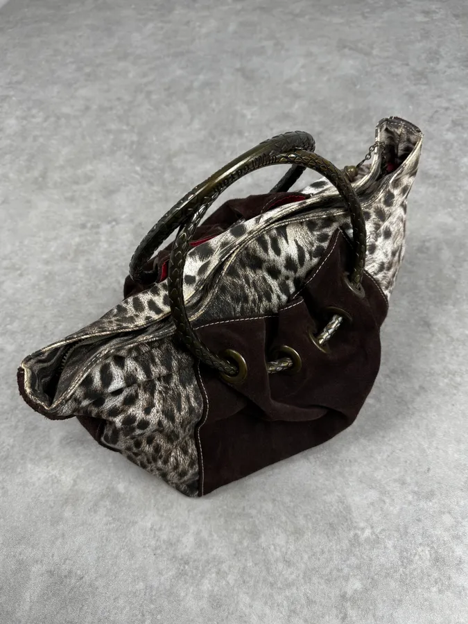2000s Cavalli Brown & White Leopard Print & Suede Handle Bag
