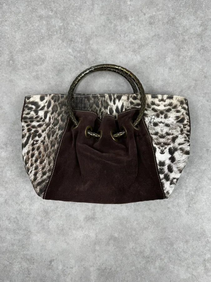 2000s Cavalli Brown & White Leopard Print & Suede Handle Bag - Image 4
