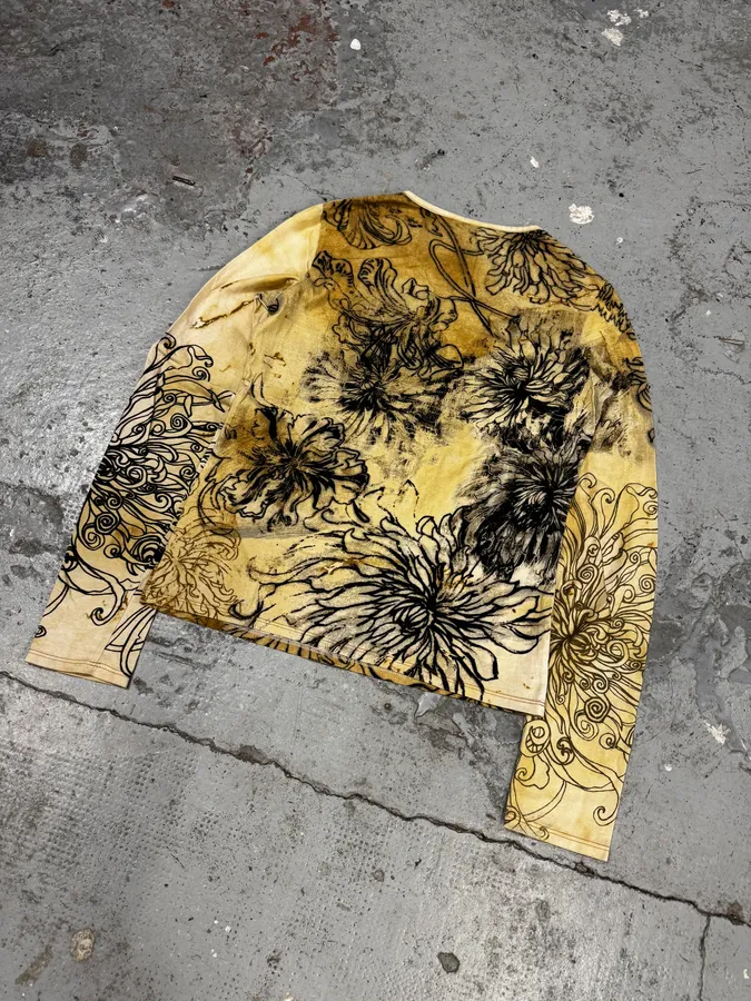 2000s Cavalli Chinese Ink Flowers Beige Longsleeves - Image 6
