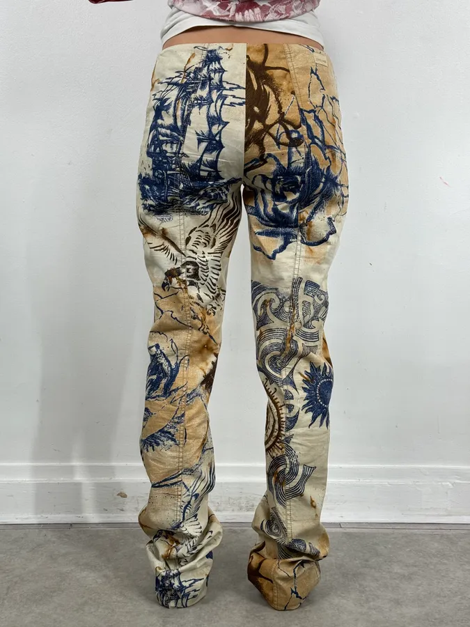 2000s Cavalli Class Eagle Boat Tatoo Beige Pants - Image 4