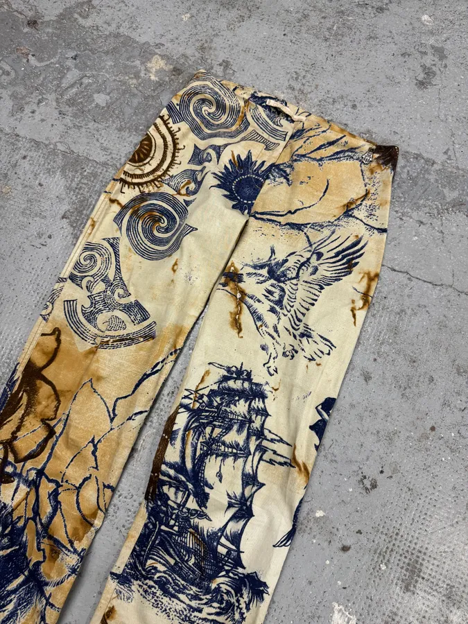 2000s Cavalli Class Eagle Boat Tatoo Beige Pants - Image 5