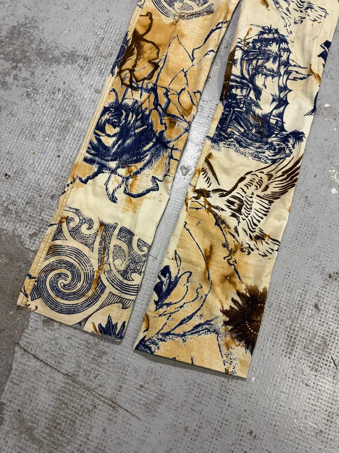 2000s Cavalli Class Eagle Boat Tatoo Beige Pants - Image 9