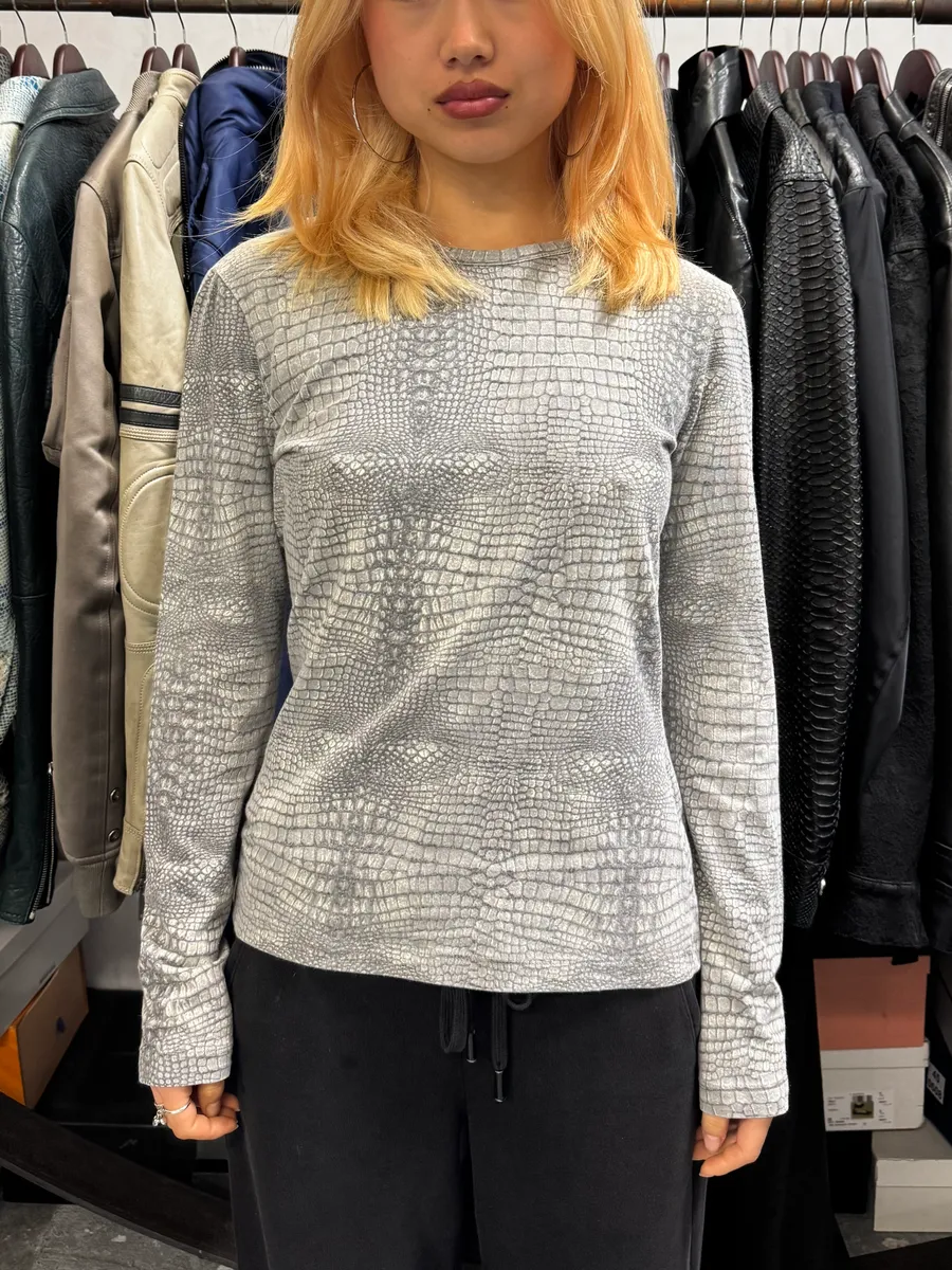 2000s Cavalli Crocodile Effect Grey Longsleeves - Image 2