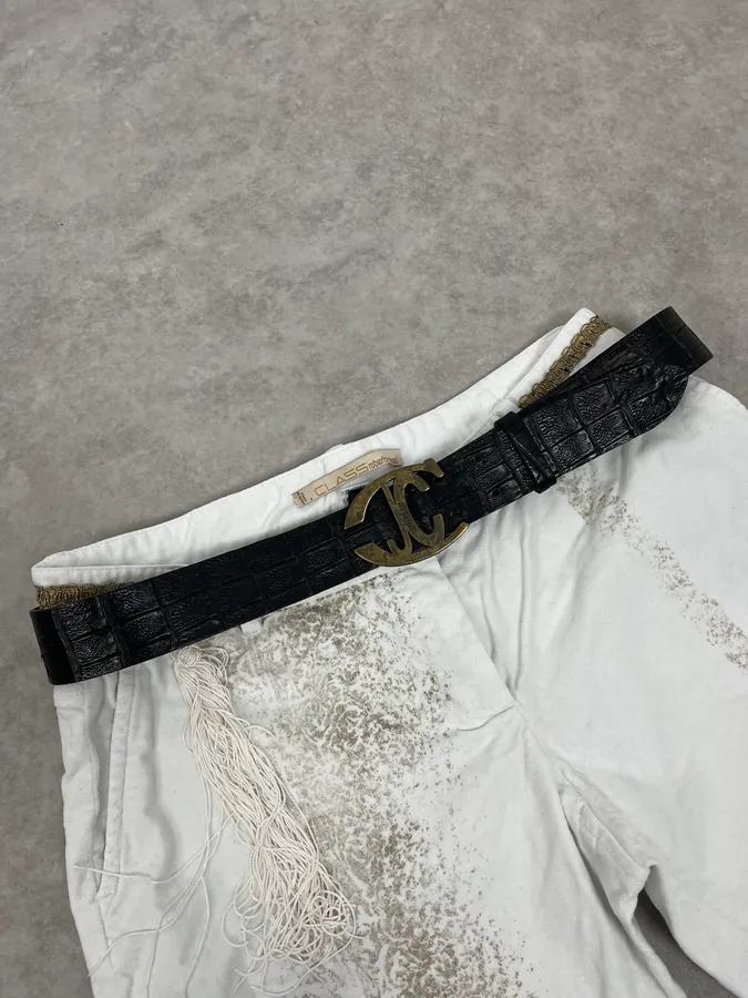 2000s Cavalli Crocodile Embossed Black & Brown Leather Belt - Image 2