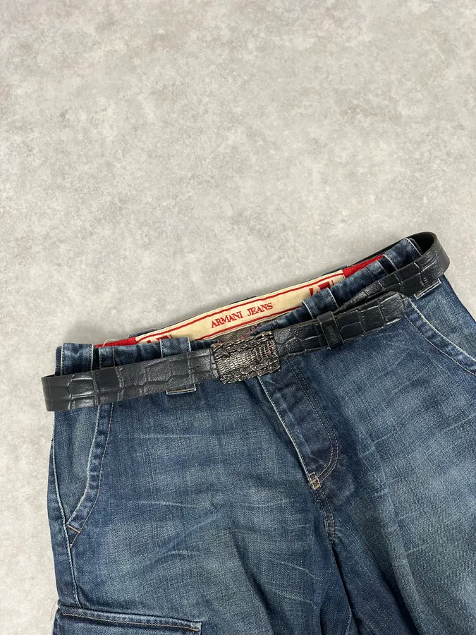 2000s Cavalli Crocodile Skin Buckle Black Leather Belt