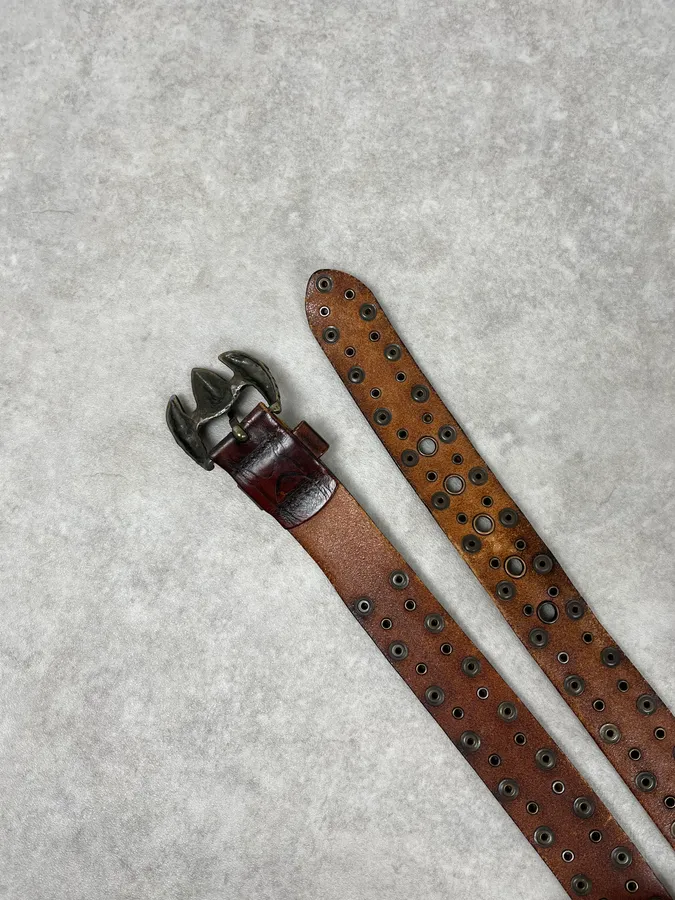 2000s Cavalli Dragon Claw Buckle Brown Studded Leather Belt - Image 5