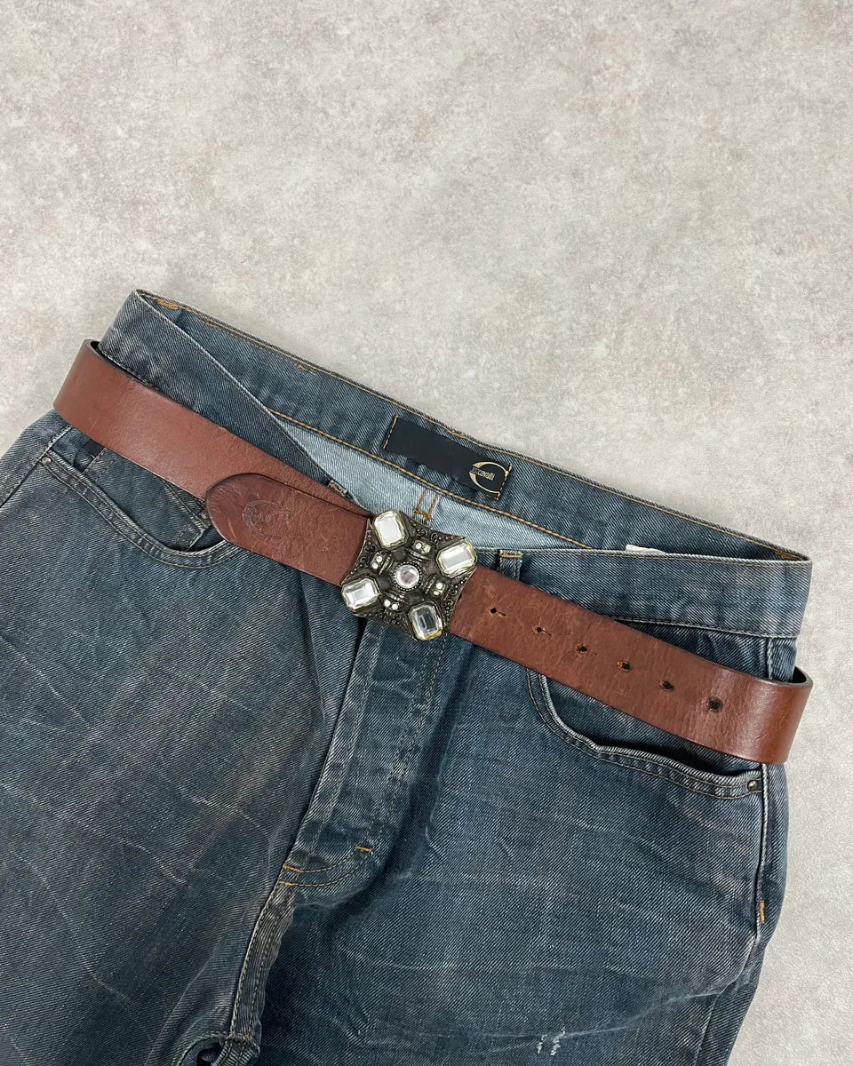 2000s Cavalli Elevation Gems Buckle Brown Leather Belt