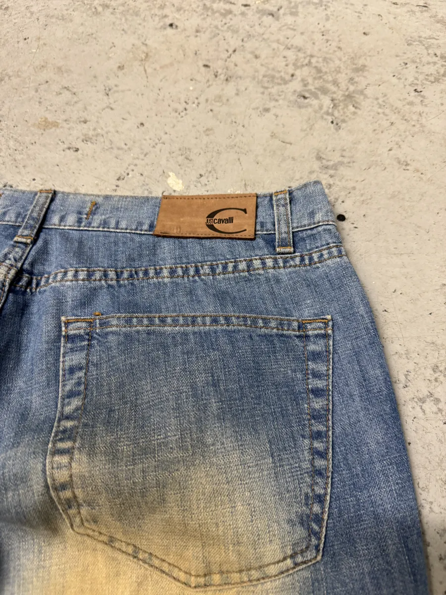 2000s Cavalli Extra Faded Flared Blue Denim Jeans - Image 7