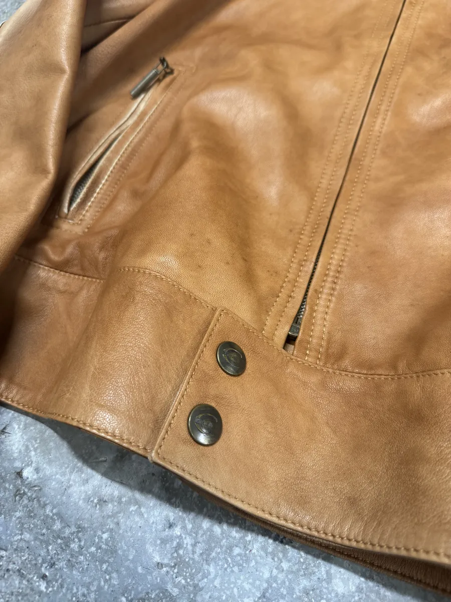 2000s Cavalli Faded Beige Padded Biker Leather Jacket - Image 7
