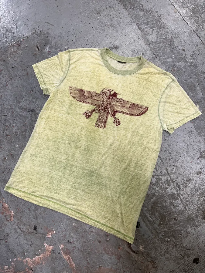 2000s Cavalli Faded Green Indian Tothem T-Shirt - Image 3