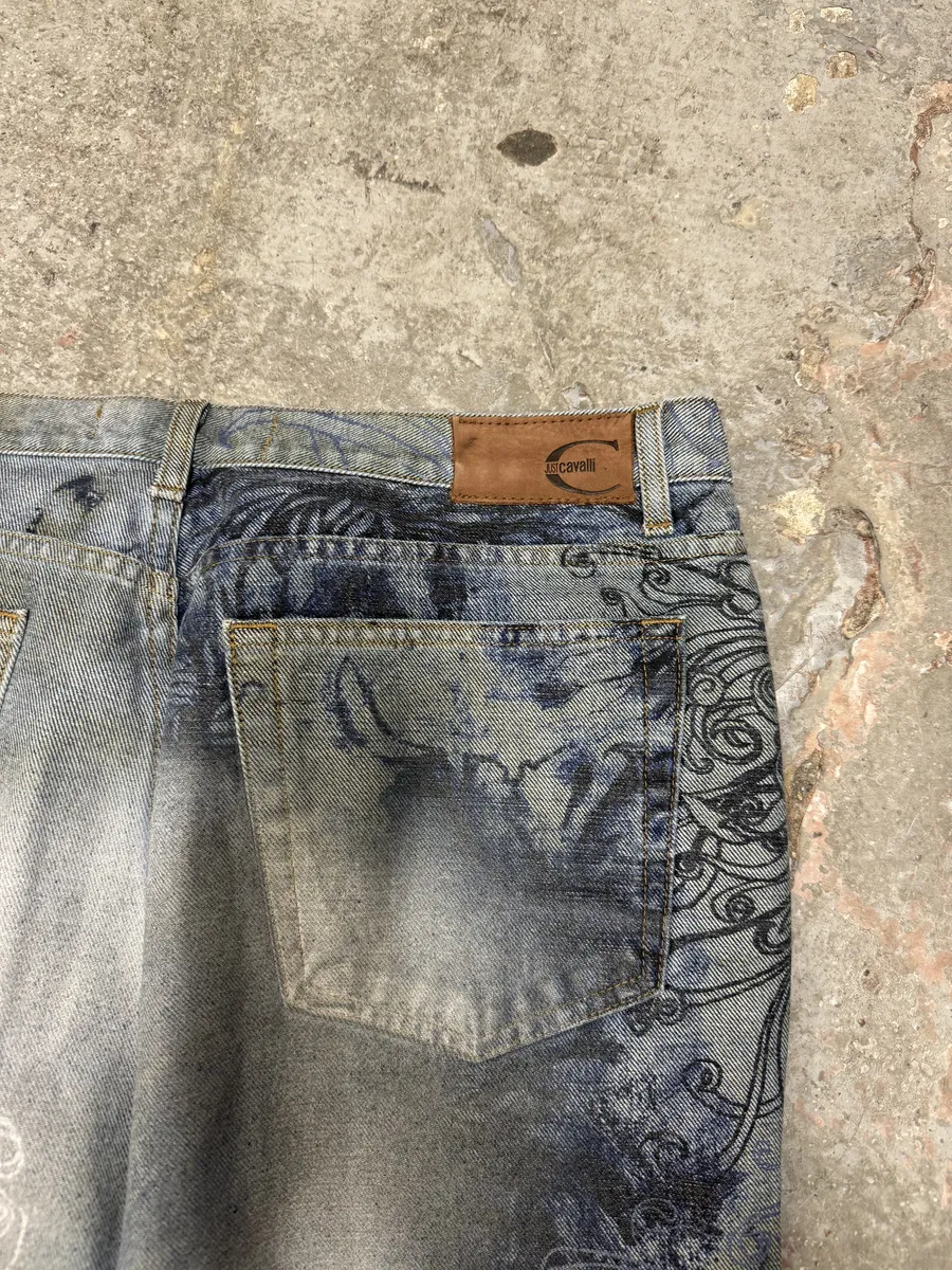 2000s Cavalli Floral Contemporary Blue Denim Pants - Image 10