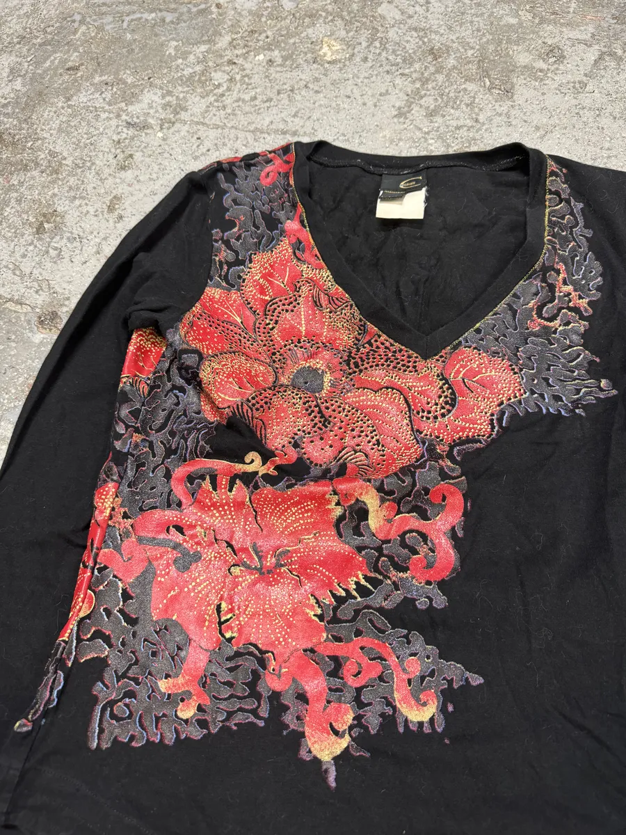 2000s Cavalli Floral V Neck Black Longsleeves - Image 6