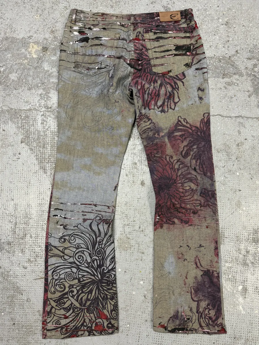 2000s Cavalli Flowers Scar Red Signature Grey Denim Jeans - Image 2