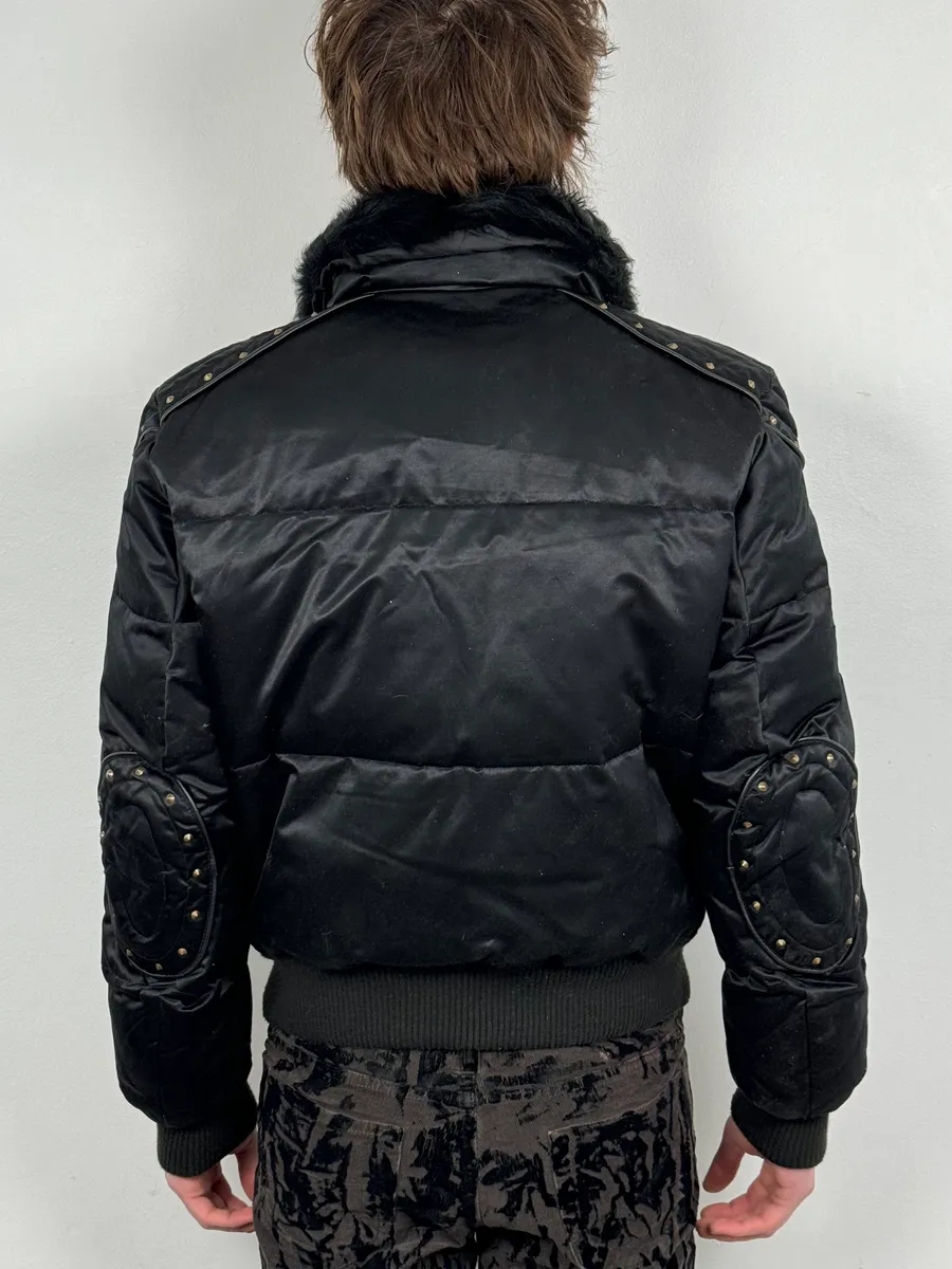 2000s Cavalli Fur Collar Black Puffer Studded Jacket - Image 3