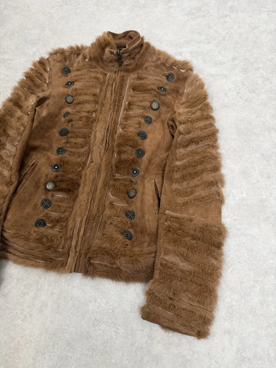 2000s Cavalli Fur Officer Napoleon Camel Suede Mink Leather Jacket - Image 4